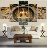 Tableau Bouddha abstrait doré 5 panneaux